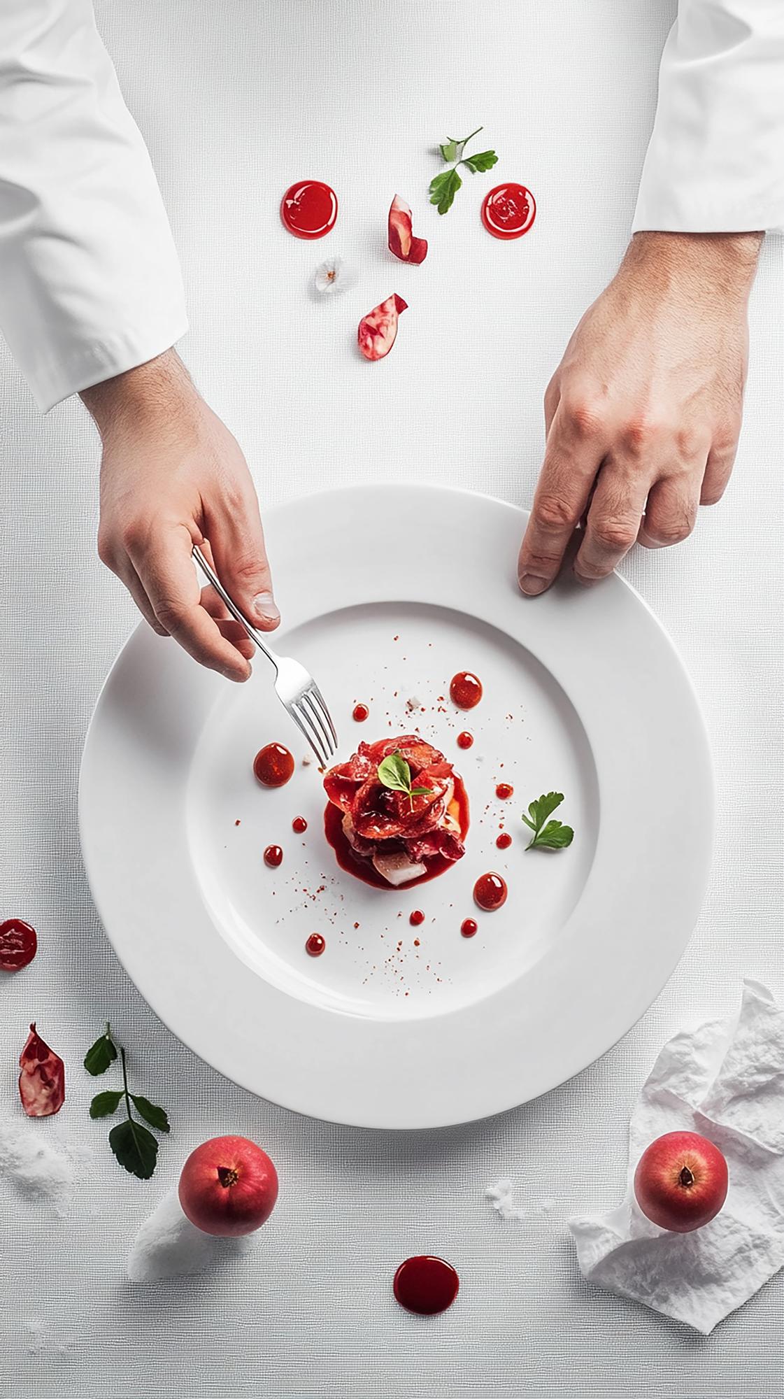 Chef arranging plated dish on wooden table